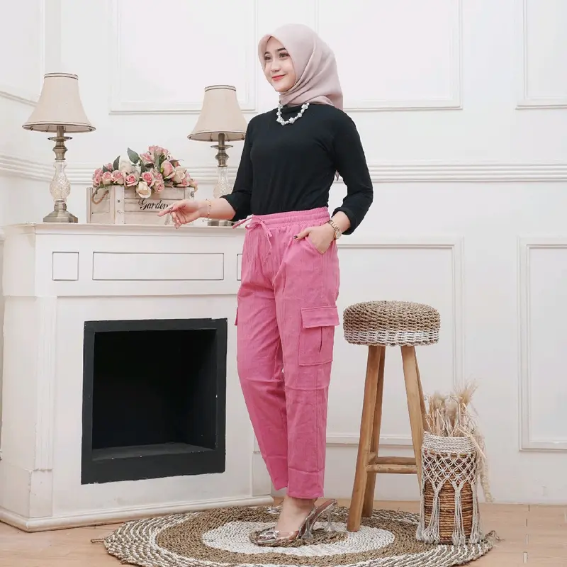 CELANA CARGO WANITA LINEN CRINKLE PREMIUM Karet Panjang Basic Katun 7
