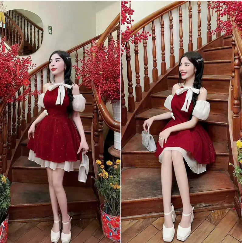 Đầm nữ nhung kim tuyến cổ yếm cột nơ phối tay tơ kiểu dáng xòe đính hoa xinh xắn dễ thương Women Dress 0