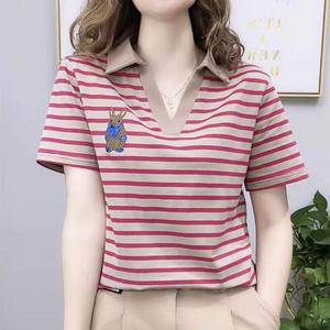 Free Shipping Internet Celebrity Exquisite Embroidery V neck Short Sleeve Ladies Lapel Stripe Polo Shirt Stretch Loose Plus Size blouse Women Casual Trendy T-shirt with collar