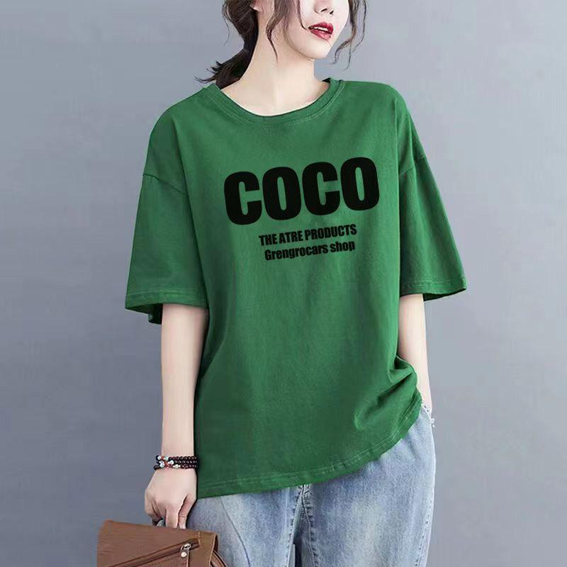 Áo Thun Cotton Ngắn Tay, Bộ Sưu Tập Mới Mùa Hè Năm 2025, Dành Cho Phụ Nữ, Phong Cách Hàn Quốc, Dáng Rộng Vừa Vặn, In Hình, Ngoại Cỡ, Dễ Phối Đồ, Hình Dạng Lắc Lư, Áo Cánh Cổ Tròn, Áo Lớp Nền 2
