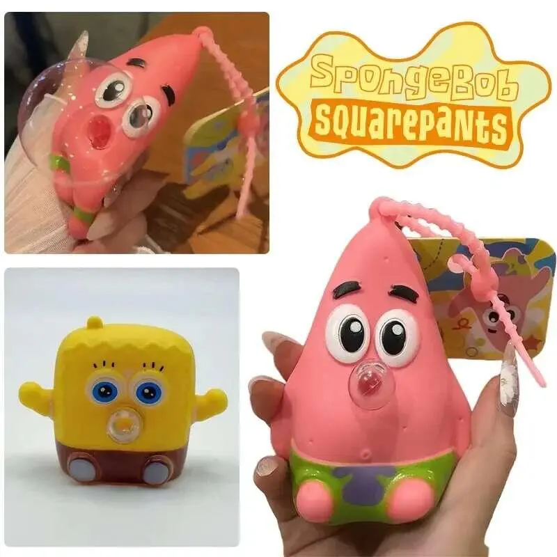 SpongeBob Keychain Patrick Star Squeeze Toy Blowing Bubbles Doll Pendant Cartoon Stress Relief Key Ring Anime Charms Kids Toys