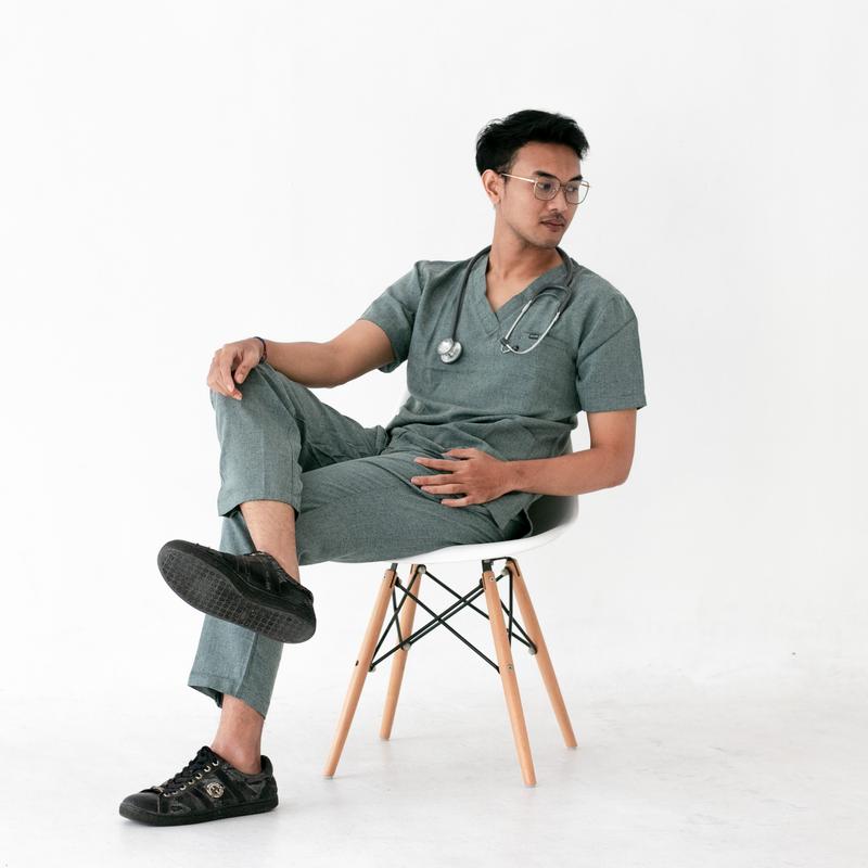 [Two Tone Collection Abu] Alloscrub/Allo scrub/Scrub Dokter / Baju Jaga Dokter / Baju OK / Baju Perawat / Dokter Lengan Pendek Warna Abu Denim Katun 2