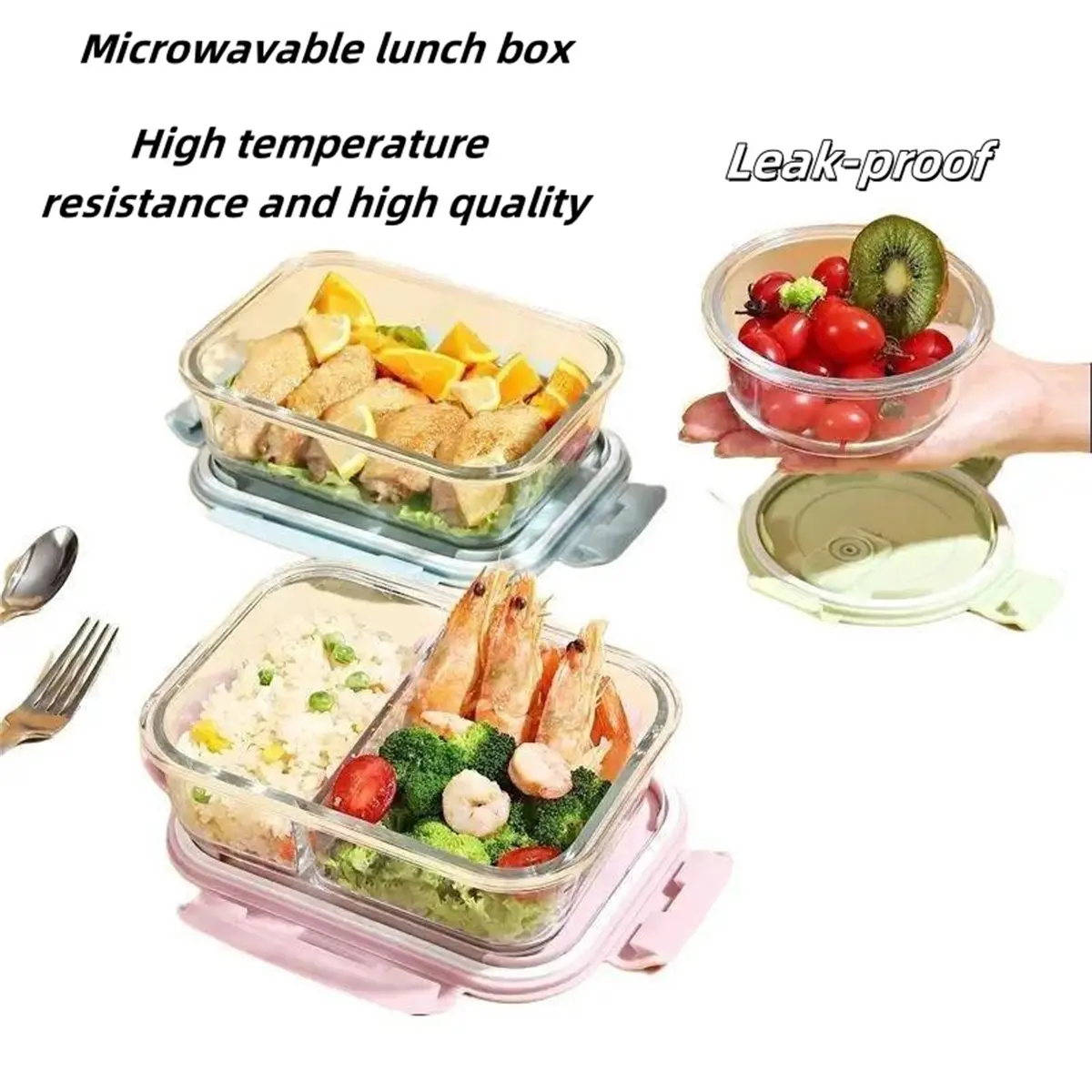 FASH Glass Lunch Box for Adults Crisper Airtight Food Keeper Leakproof Microwavable Oven Safe Bento Lunch Box for Kids With Lid 2 /3 Divisions for School Borosilicate Container