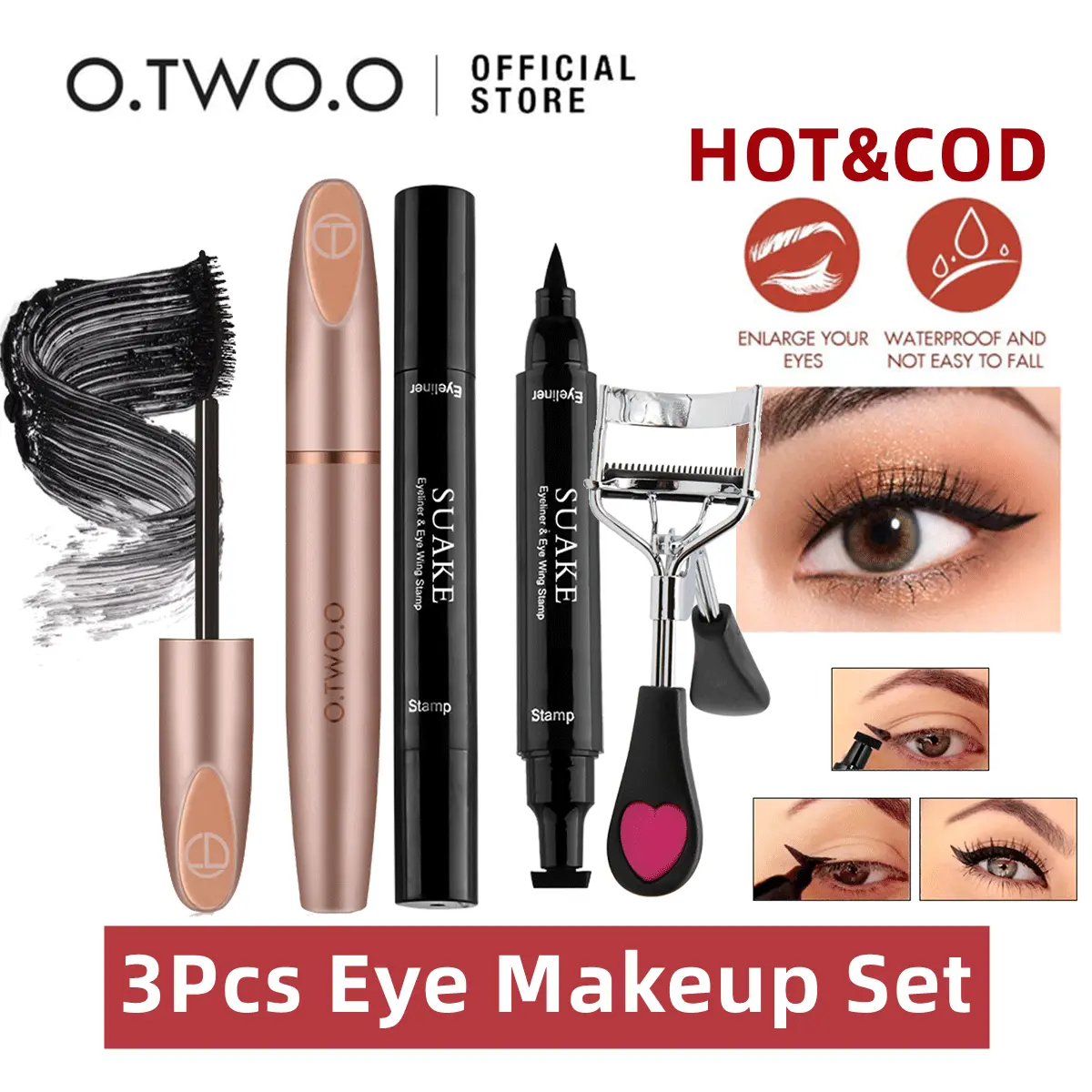 3Pcs Eye Makeup Set O.TWO.O 4D Silk Fiber Eyelash Mascara Long Lasting Waterproof Non-smudging Eye Cosmetics+Single Seal Eyeliner Double-ended Waterproof Non-smudge Eyeliner+Professional Eyelash Curler