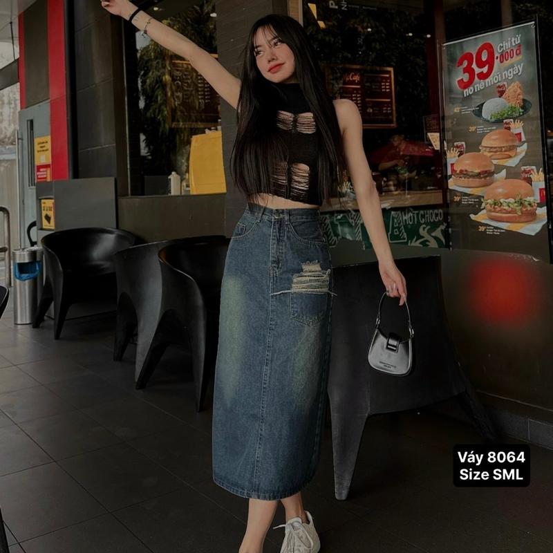 Chân váy Jean túi hộp form chữ A dáng dài tới mắt cá chân