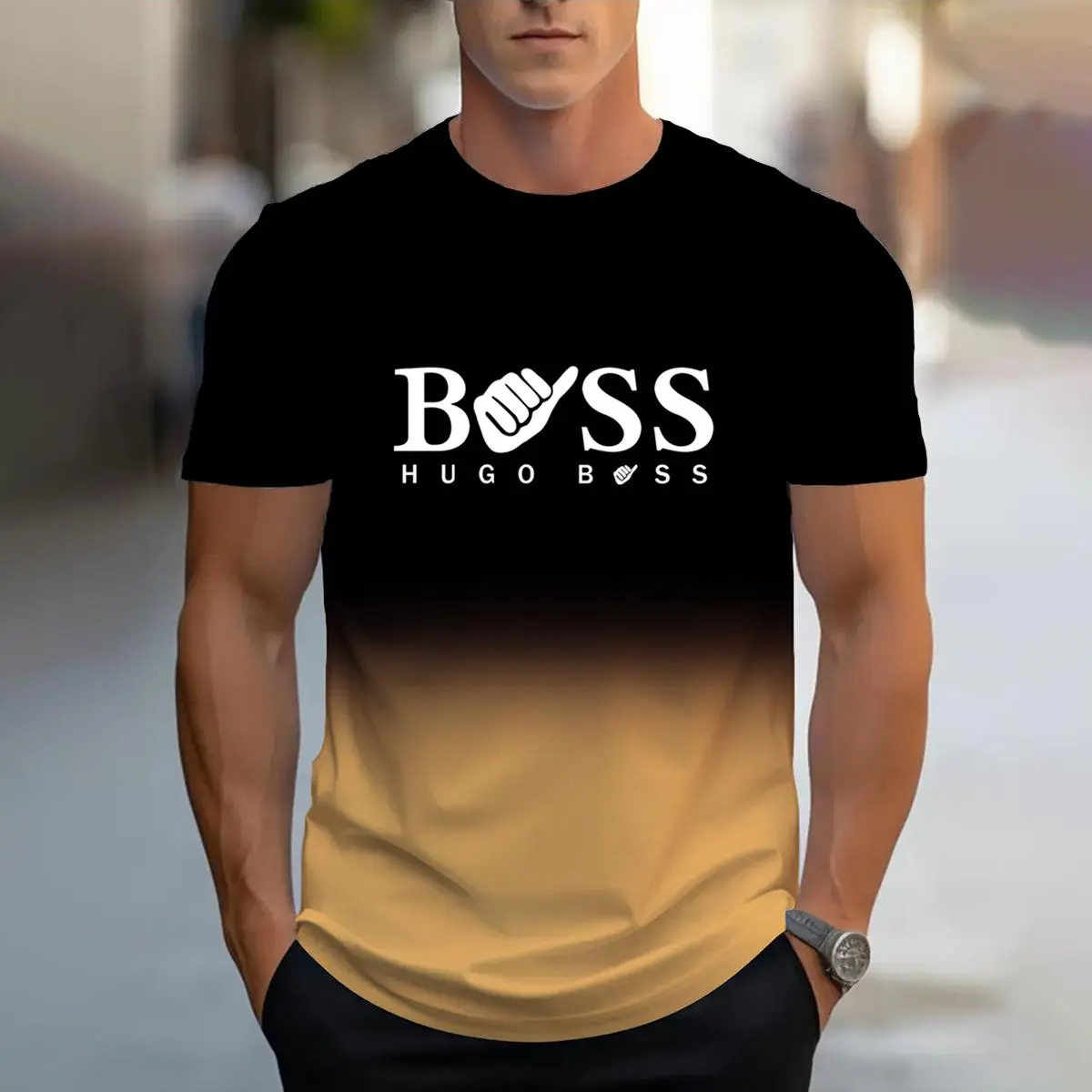 Fashionable casual men's top polyester short sleeve summer loose size alphanumeric print gradient hot sale black