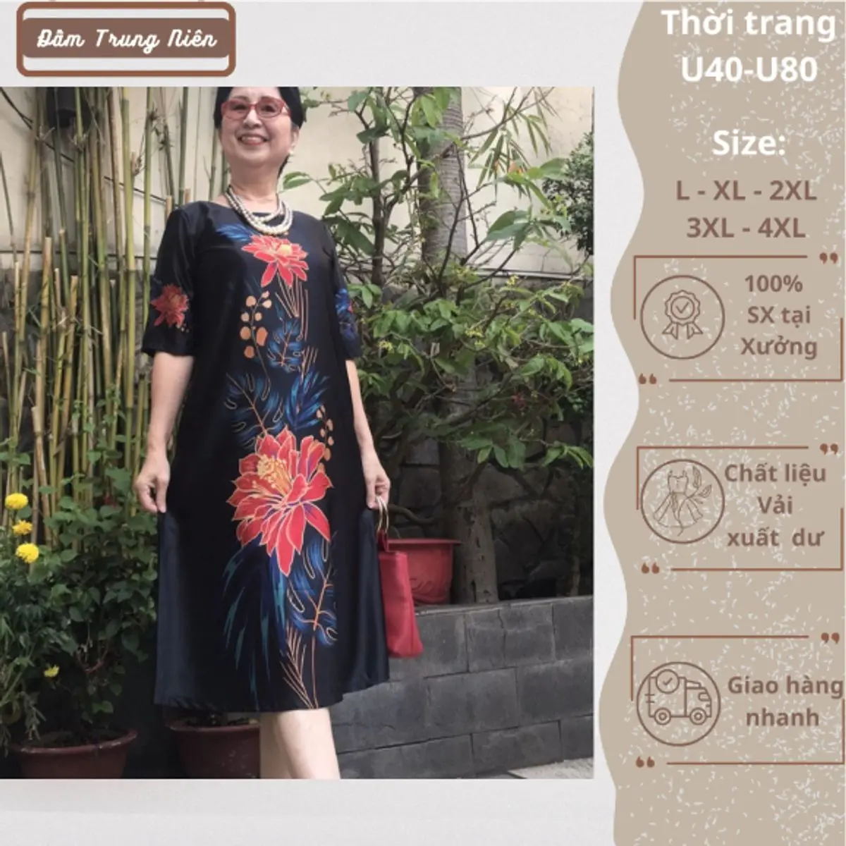 Size L, 3XL: Váy Đầm Trung Niên Dáng Suông A Che Bụng - Vải Lụa Thượng Uyển Sang Trọng