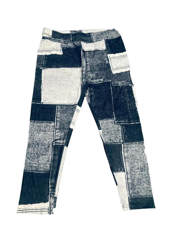 Plus Size Patchwork Denim-Effect Print High Waist Leggings, Plus Casual Comfort Skinny Pants, Lady Plus Bottoms for Spring & Fall, Womenswear 2