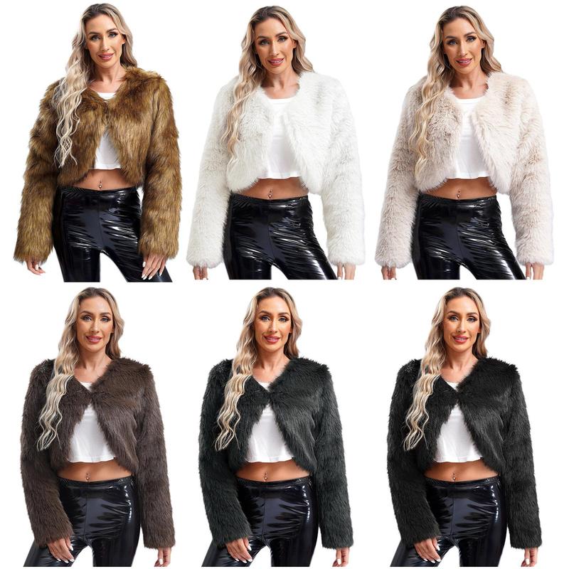 inhzoy Islamic Womens Cropped Faux Fur Jacket Open Front Furry Short Coat Long Sleeve Winter Cardigan Outerwear 1