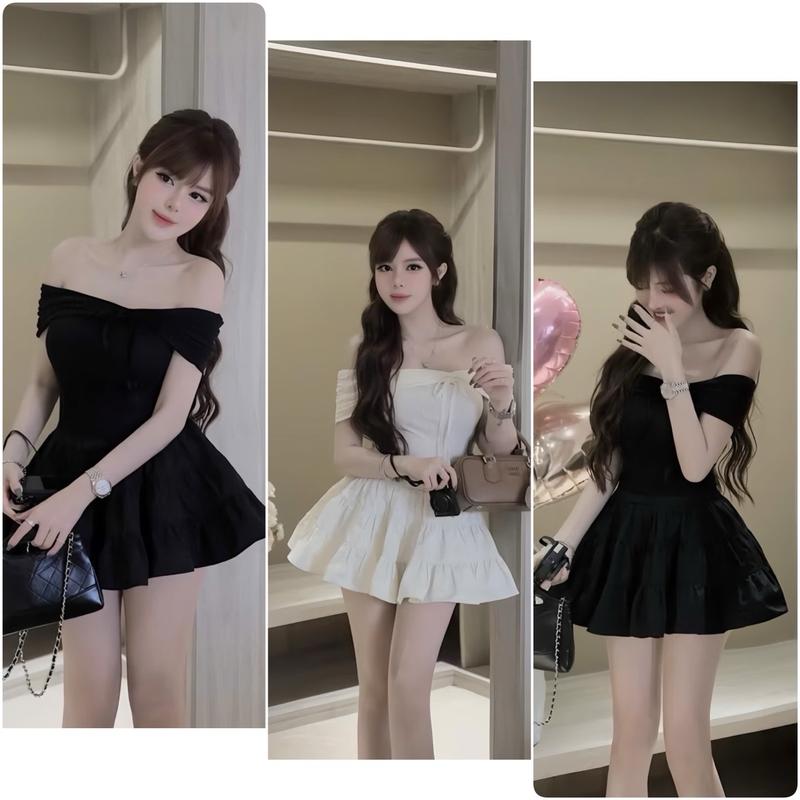 Sét Váy Xinh Xắn Gồm Áo Trễ Vai Bo Tăm Thắt Nơ + Chân Váy 3 Tầng Có Quần Trong 0
