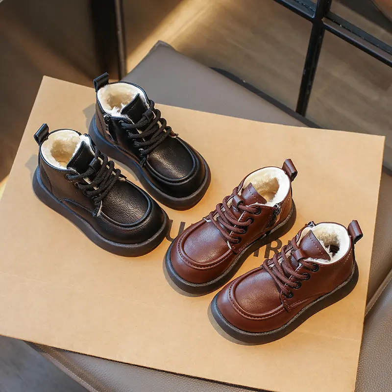 Boys' Leather Shoes 2024 Winter New Fleece-lined Children's Black Leather Boots Little Girl Solid Color Warm Shoes Big Cotton Shoes