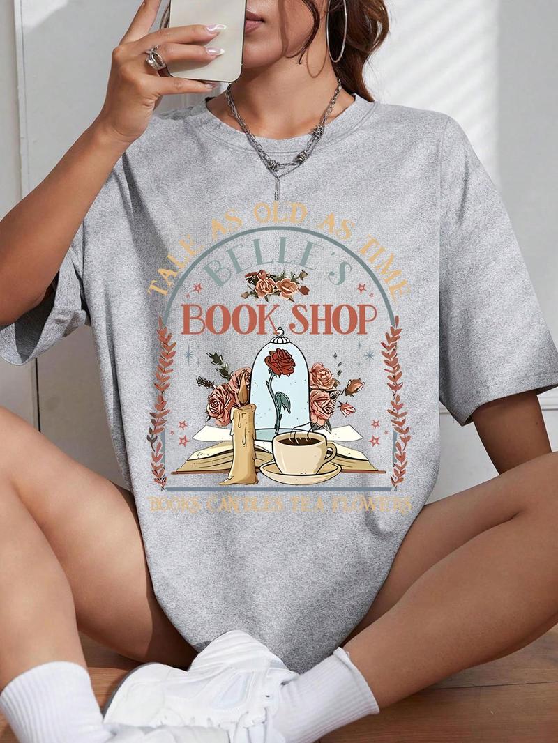 Product Introduction of Women's Floral & Book Print Round Neck Tee, Vintage Trendy Casual Short Sleeve T-shirt for Daily Wear, Ladies Summer Tops 2