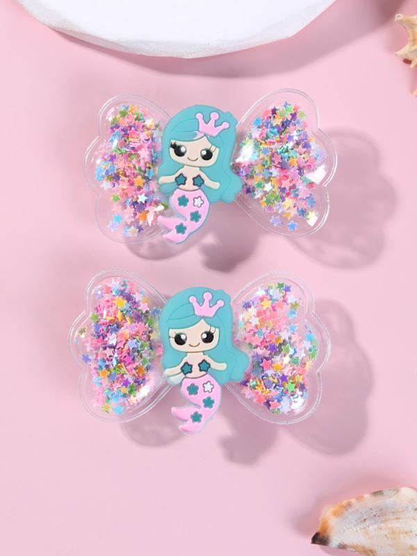 2pcs Cute Cartoon Mermaid Princess Design Hair Clip, Cute Bowknot Decor Hair Accessories For Girls, Quicksand Sequin Design Headwear 7