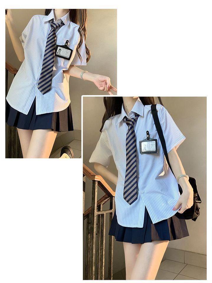 Product Introduction of Three-Piece Summer New Japanese College JK Striped Shirt Short Sleeve Student All-Matching Pleated Skirt Anti-Aging Outfits 15