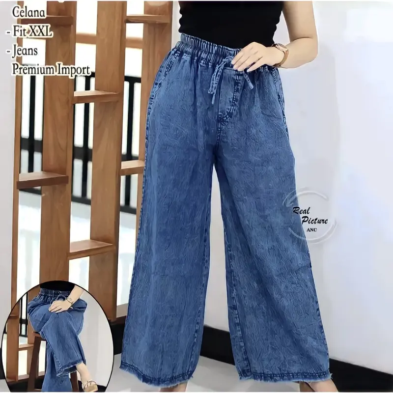 Kulot Jeans Highwaist Wanita Super Jumbo/ Celana Jeans Kulot Snow Pinggang Karet Serut 1