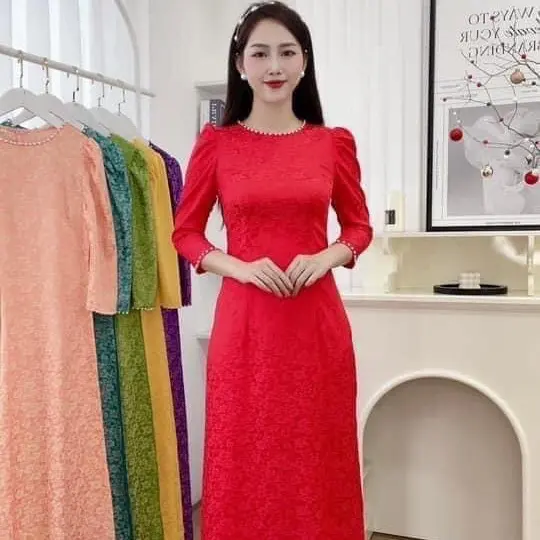 Áo dài Nữ gấm thanh liễu cổ tròn vai bồng, tay lỡ dáng truyền thống, đính ngọc cổ và tay - Quần cùng tone màu áo