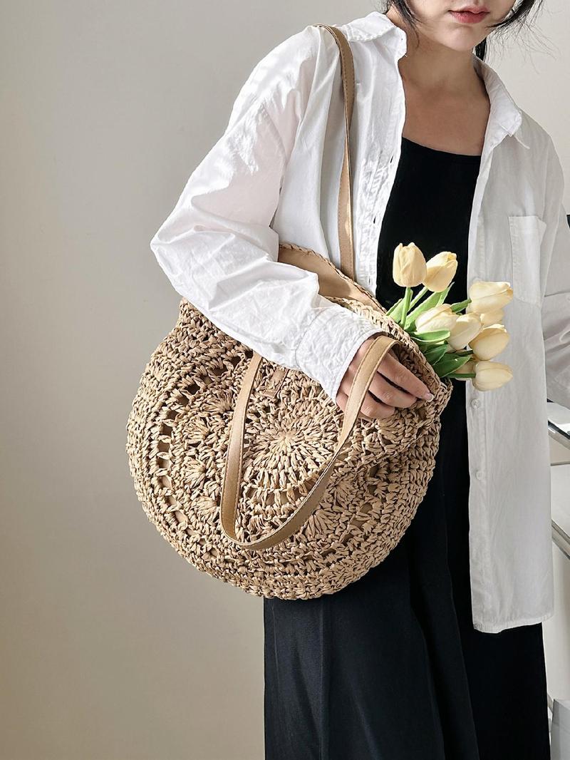 Product Introduction of Women's Solid Color Straw Bag, Fashionable Large Capacity Shoulder Bag for Daily Used, Casual Trendy Versatile High-quality Daily Commuting Bag 2