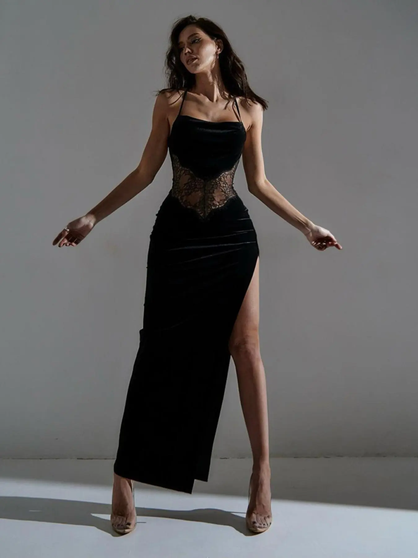 Women's Backless Criss Cross Sheer Split Thigh Contrast Lace Cami Dress, Elegant Fashion Solid Bodycon Long Dress for Party Dating Wear, Summer Clothes, Women Dress for Summer