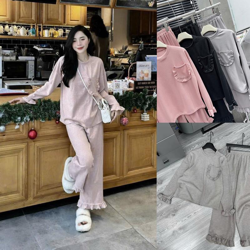 Set Bộ Bèo Túi Len Lông Thỏ Cổ Tròn Quần Ống Rộng Bèo Xòe Hồng Xám Đen Đồ Bộ Nữ Thu Đông TTN235 Áo Ong Top Women