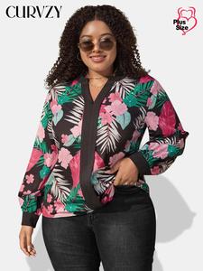 CURVZY Plus Size All Over Plants Print Notched Neck Blouse, Elegant Bishop Sleeve Top for Summer, Women's Clothing for Daily Wear