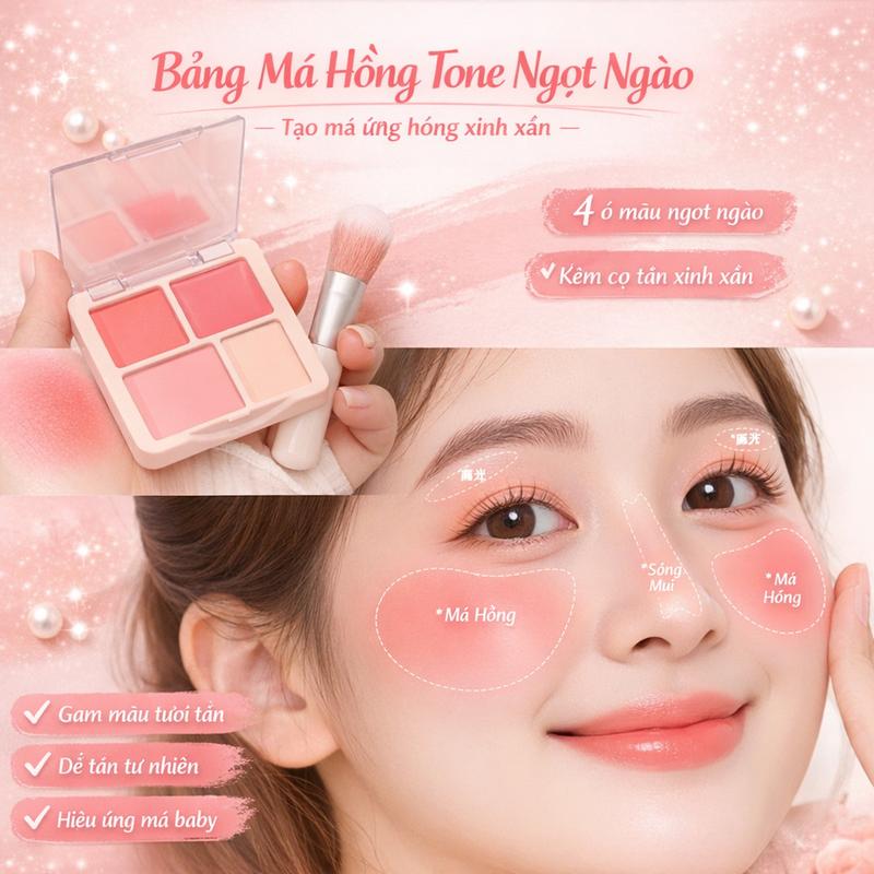 Bảng Má Hồng 4 Màu Kèm Highlight Phấn Má Lì Tự Nhiên Nâng Tông Da Tạo Hiệu Ứng…