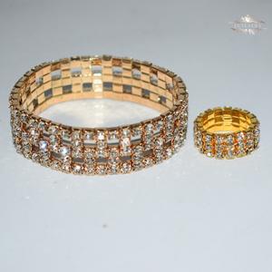 Set Barang Kemas Wanita, Fesyen Merentas Sempadan, 2 Keping, Berlian Penuh, Berongga Berbilang Lapisan, Gelang Elastik dan Cincin, Set Dua Keping, Gelang