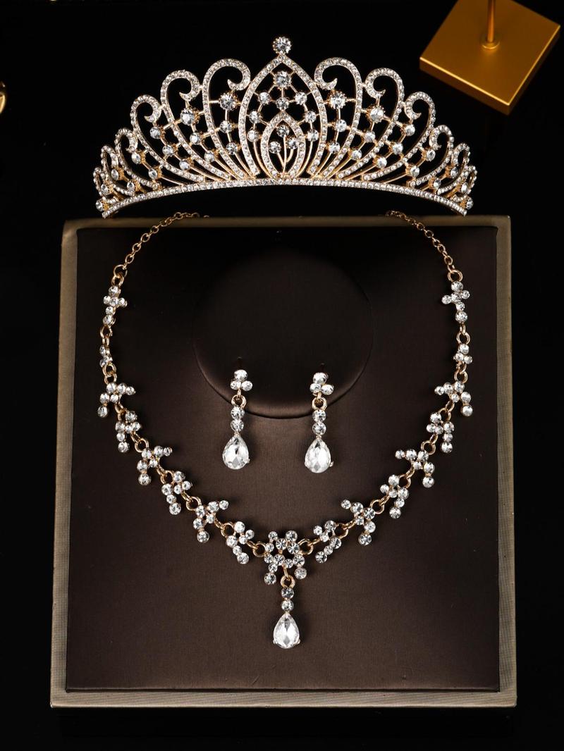 Product Introduction of Elegant Rhinestone Decorated Crown & Necklace & Dangle Earrings, Wedding Bridal Jewelry Set, Fashion Accessories for Party, Daily Clothing Decor 8