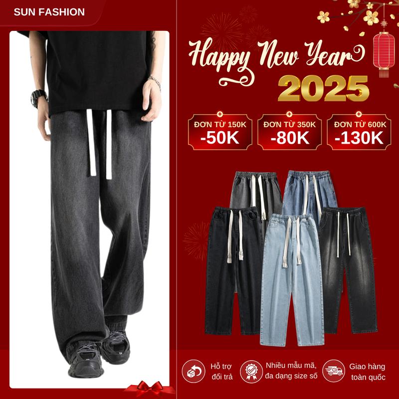 Quần jean bigsize ống rộng nam nữ cạp chun SUN 09 có túi, quần basic dễ phối đồ Menswear Ong Pants