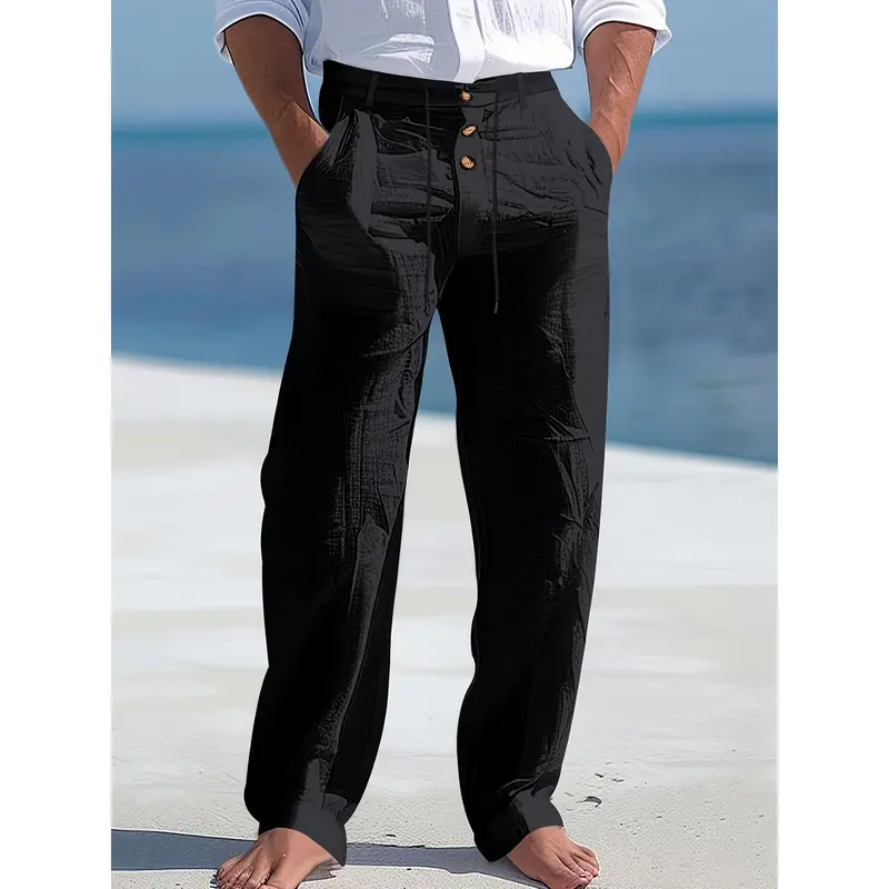 Men's Lightweight Linen Beach Pants -, Straight Leg, Solid with Drawstring Waist & Button Details for Spring/Summer Casual Wear, Outdoor Leisurewear |   Comfortable Leisurewear 1