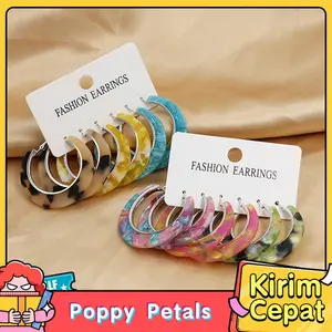 Anting Hoop Resin Akrilik Wanita Set 6 Pasang Warna Pastel Marble C Type Ring Earrings Korea Style Ringan Hypoallergenic Cocok Untuk Hijabers