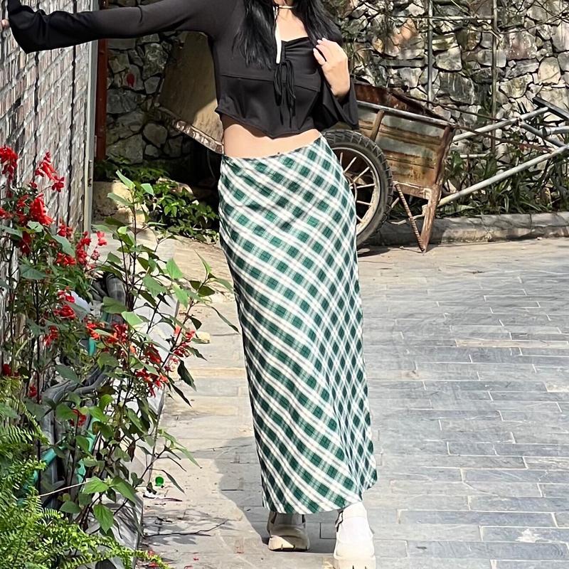 (Về màu đỏ noel) Chân váy caro dài chữ A cạp trễ/lưng cao có lót váy midi suông Lolalalo