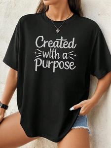 ImprinTee Women's Beaded "Created with a Purpose" Print Tee, Casual Round Neck Short Sleeve T-Shirt, Fashion Summer Top for Daily Wear
