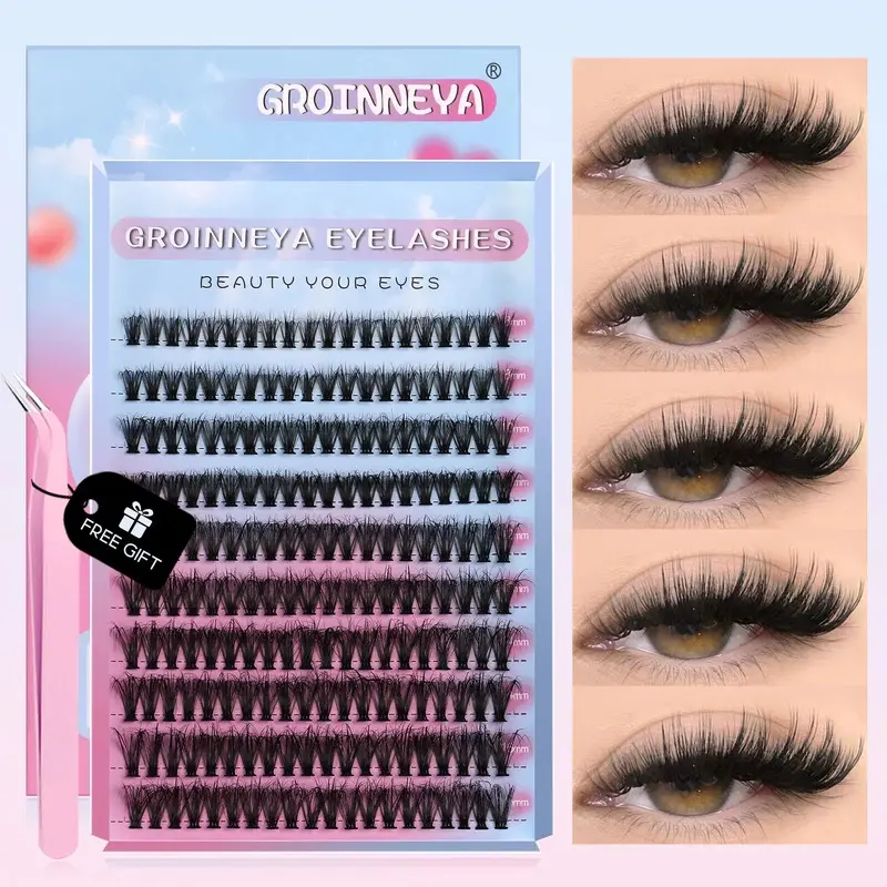 GROINNEYA Lash Extension Kit DIY Lash Clusters Eyelash Extension 30D-120D Individual Lashes Kit with Lash Bond & Seal Tweezers