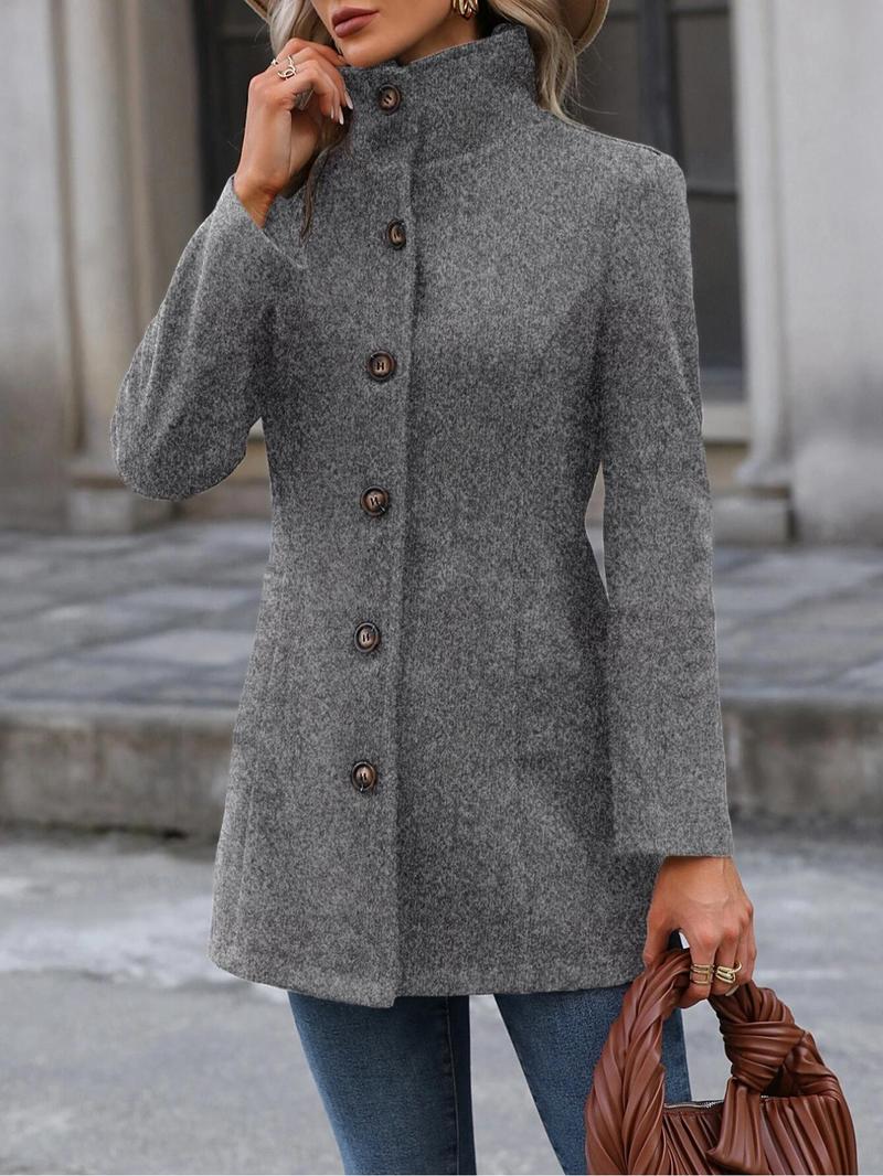 Product Introduction of Women's Solid Button Front Pocket Wool Pea Coat, Elegant Fashion Long Sleeve High Neck Coat for Daily Outdoor Wear, Ladies Clothes for All Seasons 4