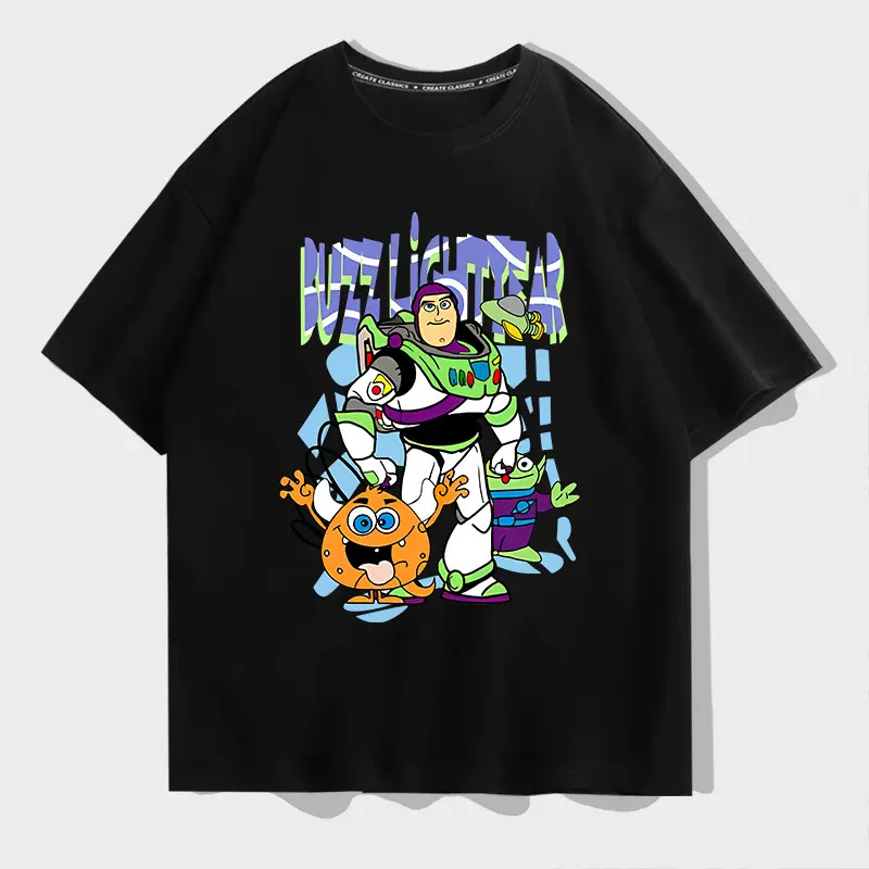 Kartun Buzz Lightyear kaos katun retro lengan pendek pria dan wanita atasan lengan pendek musim panas yang longgar 3