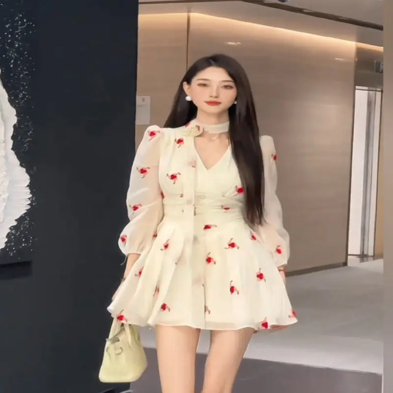 Sweet Pure Desire Gentle Lantern Sleeve Dress Women's Summer New Slim Slimming Temperament A- line Skirt