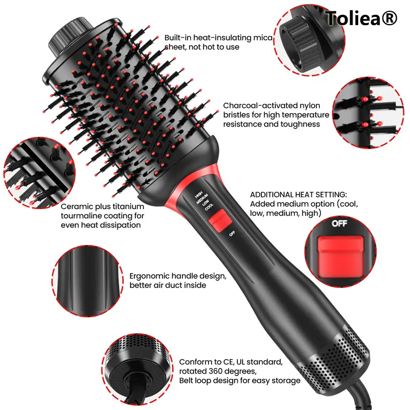 Toliea TL-500 2-in-1 Titanium Hair Dryer Brush for Women's One Step Hair Dryer Brush for Straight & Curly Hair Black Iron Smooth