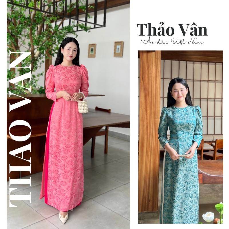 HÀNG MỚI VỀ - Áo Dài Lụa Gấm Kim Cương Cao Cấp Thiết Kế Tay Bồng Cổ Tròn Đính Kết Pha Lê Cao Cấp