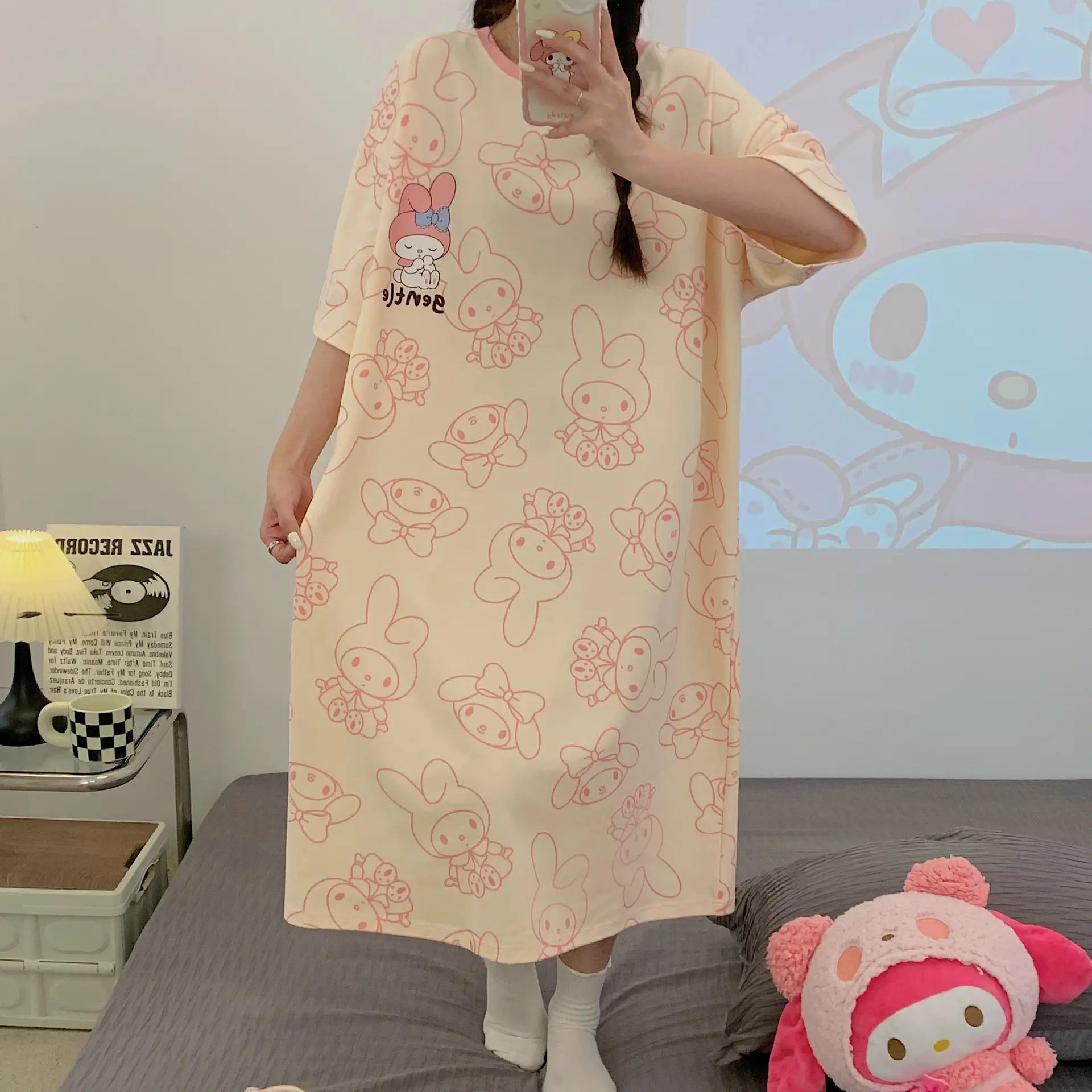 Pajamas for women's summer short-sleeved thin cartoon cute loose 200 catties widened nightgown mid-length skirt home clothes