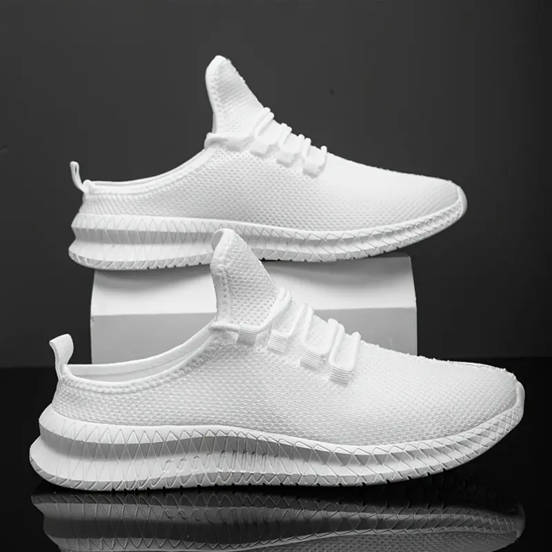 Men'S Casual Athletic Sneakers - Breathable Mesh Fabric, Low-Top Lace-Up Shoes with Textured PU Sole for All-Season Comfort, White, Casual Athletic Shoes|Textured Sole Sneakers|Breathable Mesh Upper
