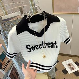 Elegant Polo Collar Short Sleeve Knitted Top for Women Summer Design Sense Niche Short Top Thin T-Shirt