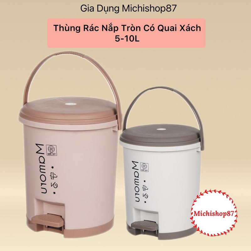 Thùng rác nhựa nắp tròn đạp chân dung tích 5L- 10L có quai xách tiện lợi kèm lõi