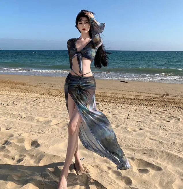 Bikini Set 4 Món, Áo Choàng, Chân Váy Dài, Màu Loang Sang Trọng. BK005 MayBlue Women Nữ