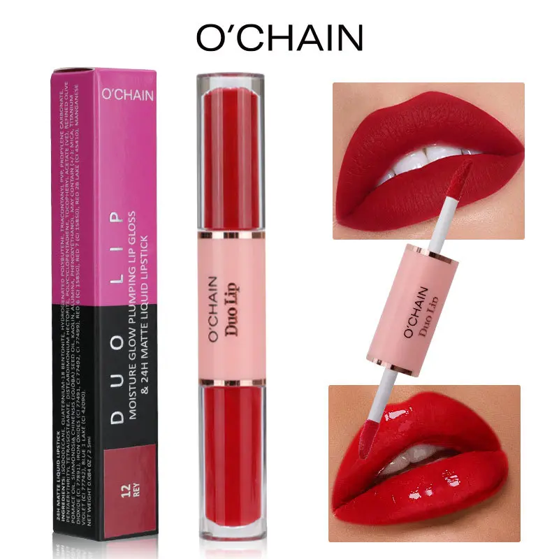 Ochain Double-Headed Velvet Lip Lacquer Water-Light Mirror Lip Gloss Waterproof Matte No Stain on Cup Non-Fading Lip Lacquer