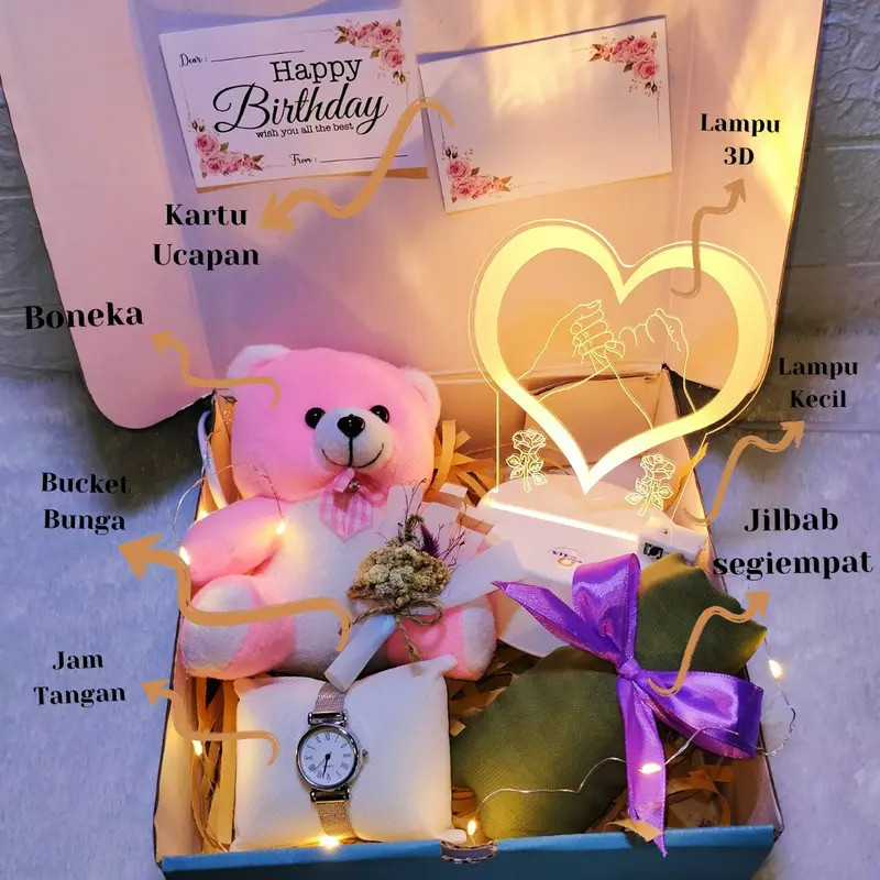 Paket Kado ulang tahun cewek hampers hijab jam tangan Boneka Hadiah Pita anniversary congratulation happy birthday valentines giftbox kado lampu kado wanita kado anniversari 0