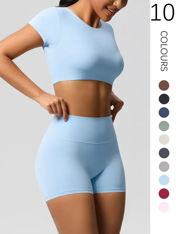 Two-Piece Set Women's Solid Ribbed Crop Top & High Waist Shorts Tracksuit Set, Breathable Comfortable Seamless for Yoga Gym Workout Running, Ladies Sportswear for All Seasons 8