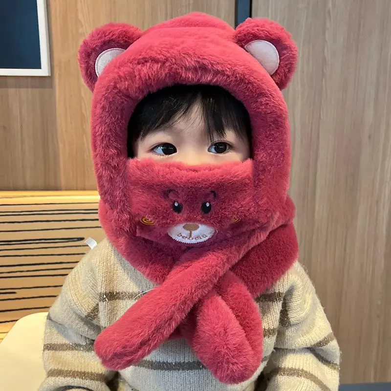 Mũ Len Cho Bé Gái, Bộ Ba Mảnh Mùa Thu Và Mùa Đông, Mũ Trẻ Em, Khăn Quàng quàng cổ, Mặt Nạ Tích Hợp, Thích Hợp Cho Bé Trai Và Bé Gái, Mũ Bảo Vệ Tai Lông Cừu Cho Em Bé