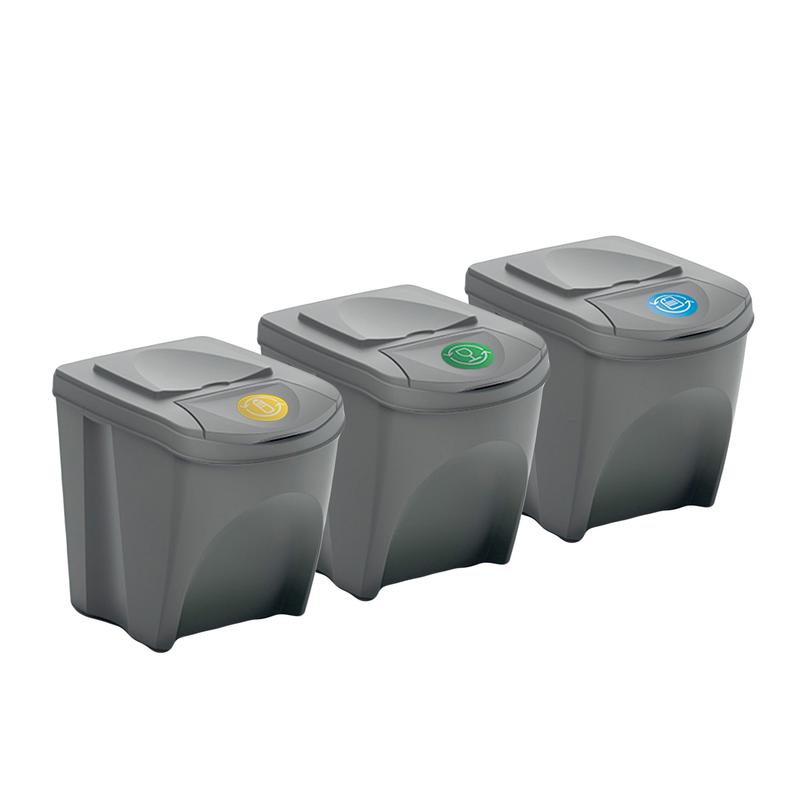 Set of 3 25 Litre Stackable Recycling Bins Storage Box with Lid, Grey Recycle Bin Organisers with Stickers, Garbage Home Kitchen Bin with Lids 1