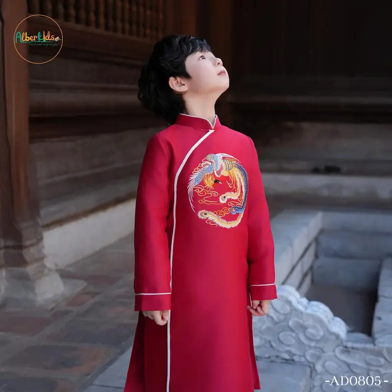 Áo dài bé trai ALBERKIDS Xanh Đỏ Thêu Phượng cho trẻ em 2,3,4,5,6,7,8,9,10,11,12 tuổi AD0805 2