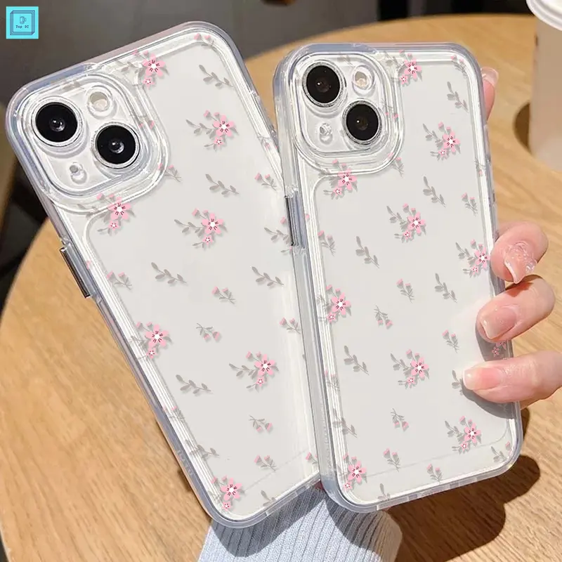 CASE SPACE BENING Softcase HP iPhone 11 12 13 14 PRO PROMAX XR  X XS XSMAX Iphone 7 8 SE2020 7plus 8plus 15promax Transparent High Quality INS-styleSmall Pink flowers for iCasing Ponsel 2